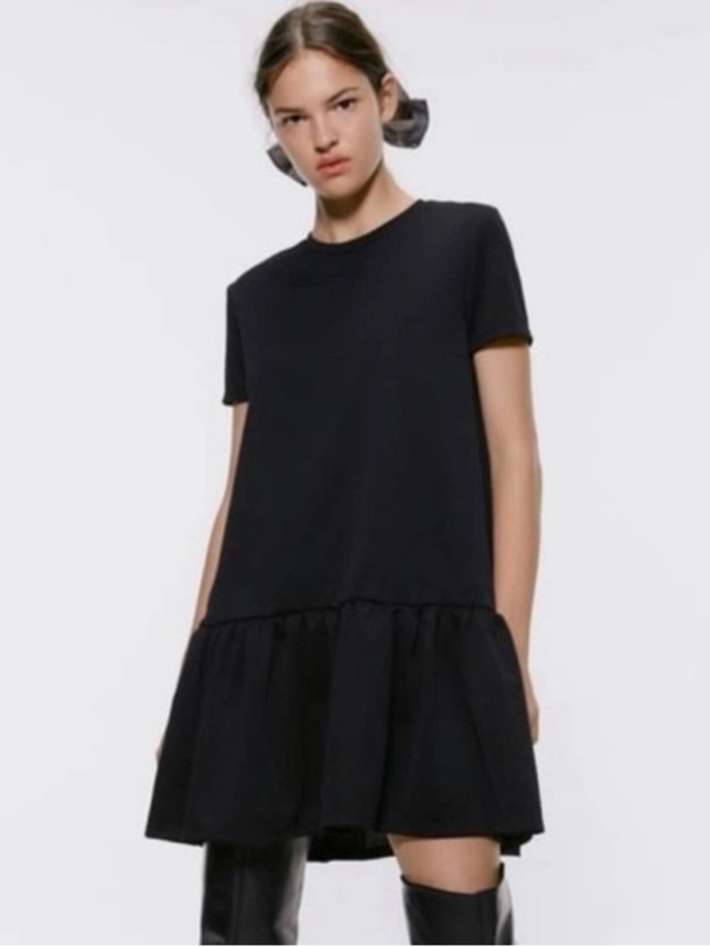 ZARA Black Short Sleeve Drop-Waist Ruffle Hem Dress